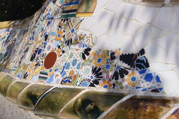 Mosaic sculpture at the Parc Guell designed by Antoni Gaudi located on Carmel Hill, Barcelona, Spain