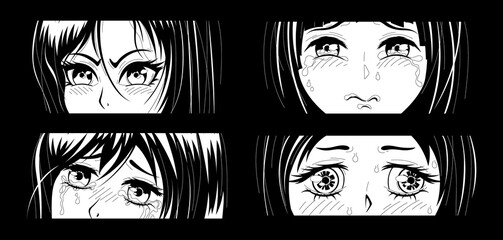 Obraz premium Four pairs of Asian Eyes look. Manga style. Japanese cartoon Comic concept. Vector design for t-shirt graphics, banner, fashion prints, slogan tees, stickers, flyer, posters and other creative uses