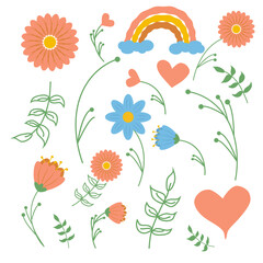 Set clipart elements Valentine's day in boho style. Bohemian romantic pattern happy Valentine day. Boho rainbow, heart and flowers.