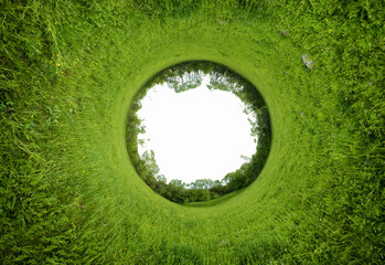 Stereographic panoramic projection of a green field in the summer. 360 degree panorama. - 435846013