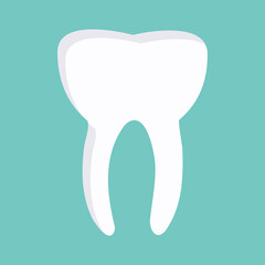 A tooth with a root on a green background in a flat style for reconciliation in a web design on a dental theme