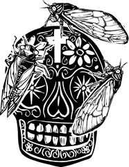 Woodcut cicadas on a sugar skull