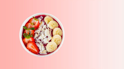 Smoothie bowl with acai, banana, blueberries, kiwi fruit and black currants. Healthy super food with fresh fruit. Vegetarian and organic nutritional food