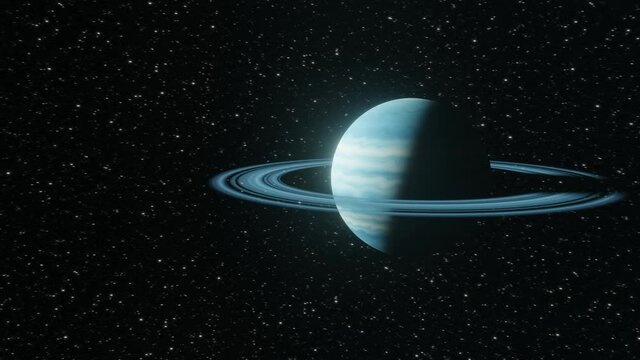 Flying around a ringed gaseous blue planet in the middle of the cosmos. Science fiction scene. 3D Rendering