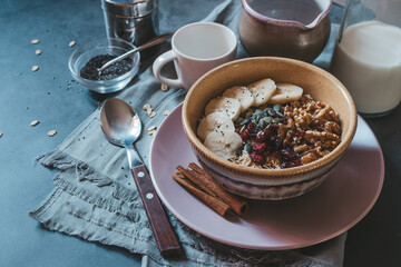 View on the table with granola breakfast