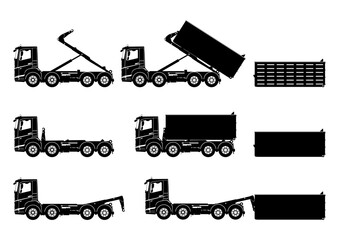 Silhouettes of roll on-off hook loading skip truck. Set of skip trucks with containers. Side view of roro skips. Flat vector. - 435847264