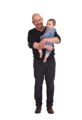 view of a father carrying her baby looking at camera on white background