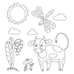 Cute gentle vector illustration of a cow and a frog, a page for children's coloring pages