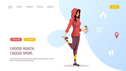 Woman in sportswear with a bottle. Sport, Workout, Healthy lifestyle, Fitness, Training, Running concept. Vector illustration for poster, banner, advertising, website.