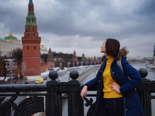 Asian tourist in travel vacations in winter Moscow