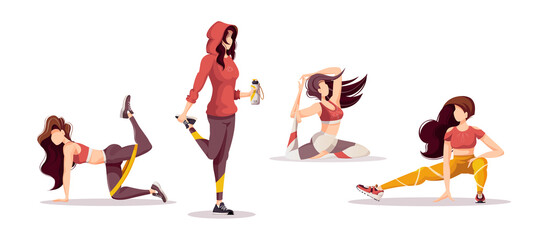 Women doing fitness training. Sport, Workout, Healthy lifestyle, Gym, Fitness, Yoga, Training concept. Isolated vector illustration for poster, banner, advertising. - obrazy, fototapety, plakaty