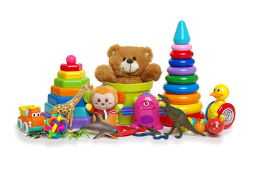 Many colorful toys isolated on white