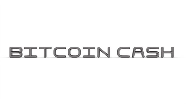 Gray metallic 3D text "bitcoin cash" of the most popular cryptocurrencies in the world on a white background with a shadow at the bottom. Rendering an image. Computer graphics.