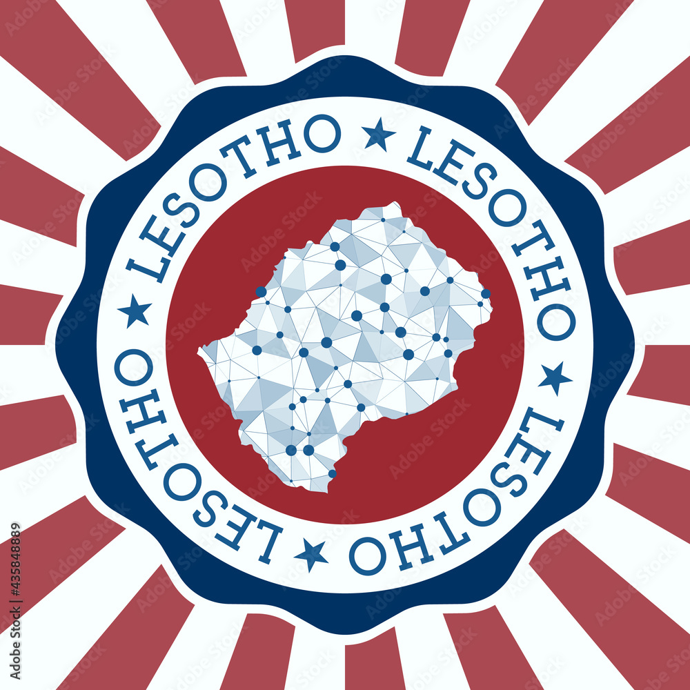 Poster lesotho badge. round logo of the country with a triangular mesh map and radial rays. eps10 vector.