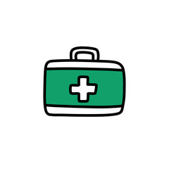 first aid medical suitcase doodle icon, vector color line illustration