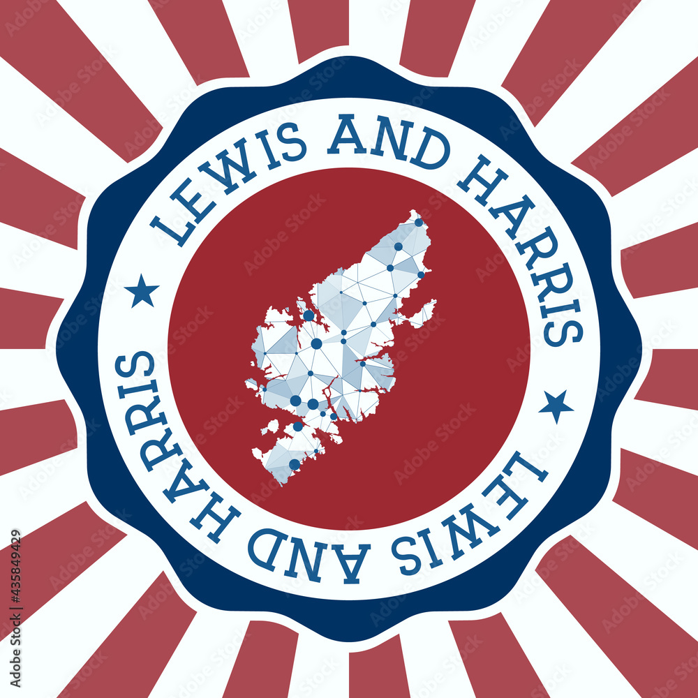Poster lewis and harris badge. round logo of island with triangular mesh map and radial rays. eps10 vector.