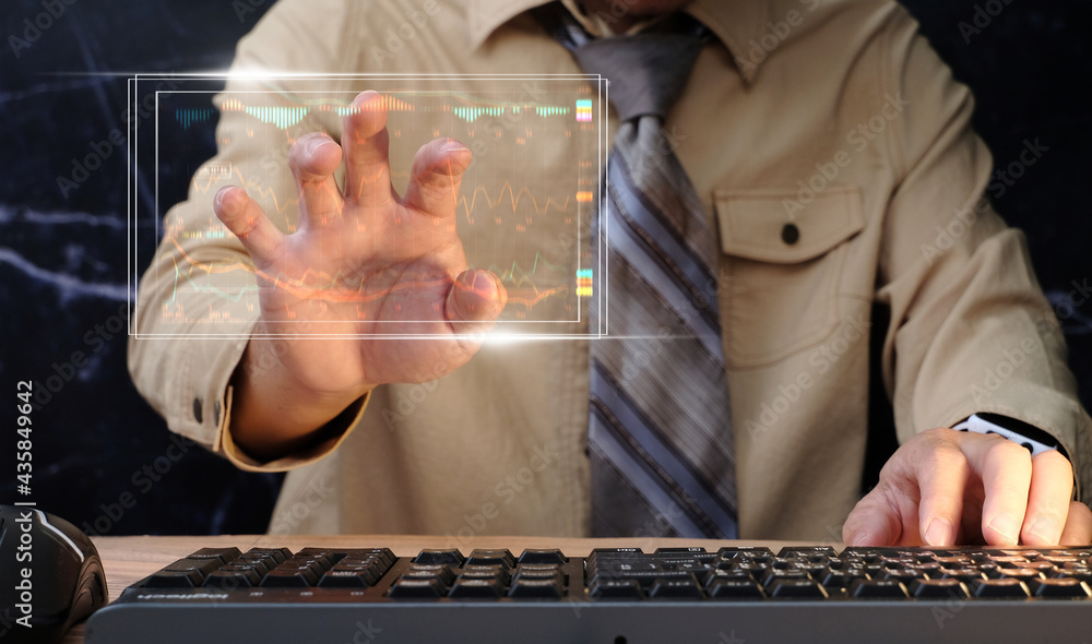 Poster businessman analysing forex trading graph financial data and multi exposure of forex graph with man 