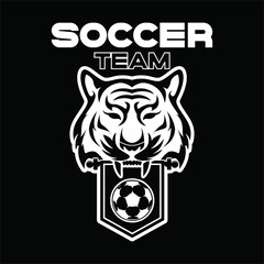 tiger with pennant flag, Soccer Football Badge Logo Design Templates | Sport Team Identity Vector Illustrations isolated on black Background