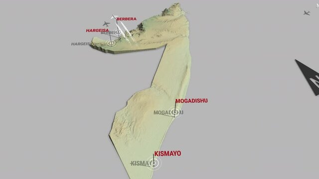 Seamless looping animation of the 3d terrain map of Somalia with the capital and the biggest cites in 4K resolution