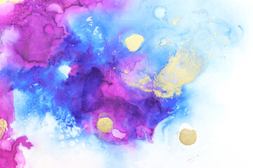 art photography of abstract fluid painting with alcohol ink, blue, purple and gold colors