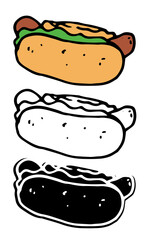 Vector set of isolated elements of street fast food HOT dog. Hot dog hand drawn in doodle style black outline and silhouette and color drawing sausage with bun and green salad for menu label design te