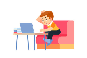 Distance learning online education. Cute kid boy learns to think hard. A student studies at home and does school homework online with a laptop. Home distance learning. Cartoon vector illustration.