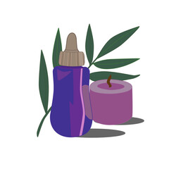 Spa illustration. Cosmetic product, scented candle on the background of a green branch of a plant. Vector home SPA icon.