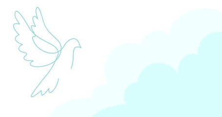 Dove with an olive branch on a light background with clouds. Symbol of peace and holy spirit. One endless line drawing.