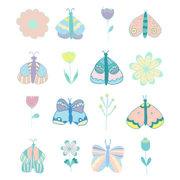 Vector set of isolated butterflies and flowers in pastel colors. For invitations, greeting cards, template for decorative stickers, banner, decoration design, print, design page site, badges.