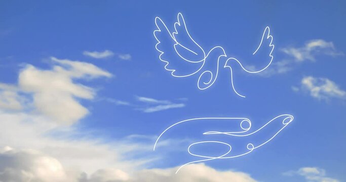 An open palm and two doves. One line drawing on a blue sky background. Love, wedding, holy spirit. Empty space for text.