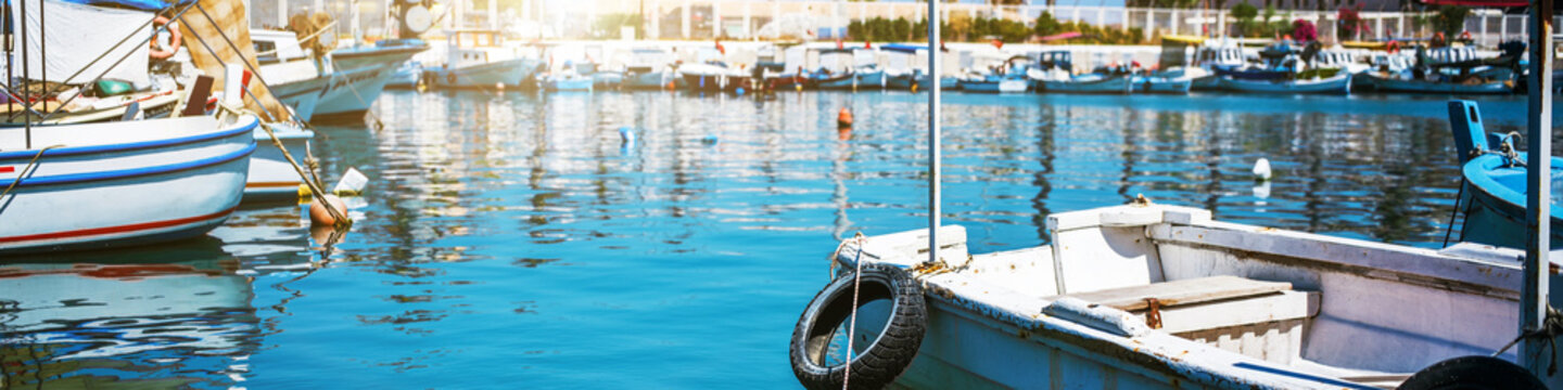 Sea dock with many fish and rent boats on water surface