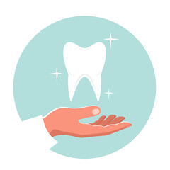 Dentist doctor hand and healthy tooth icon isolated on white background. Vector stock illustration. 