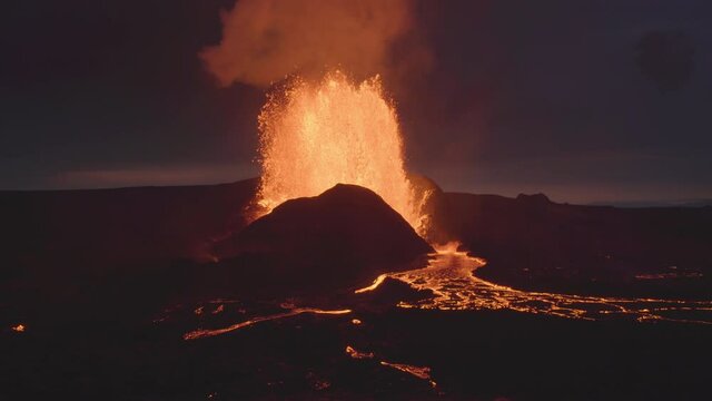 Scenic powerful volcanic eruption at dusk Iceland 2021
