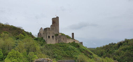Monreal Germany May 2021 Löwenburg castle on a rainy and cloudy spring day     