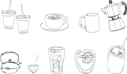 set of hand drawn illustrations, cafe drink