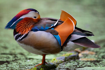 Eine Mandarinente sitzt und ruht