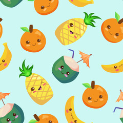 Kawaii Banana, Pineapple, Orange and Pineapple comic characters in cartoon style pattern. Funny tropical fruits repeating background. Use in children menu, card. Easy to edit vector illustration.