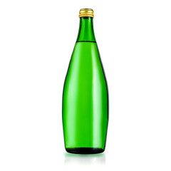 Glass green bottle with purified water. Mineral water bottle mockup. Bottle isolated on white background