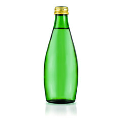 Glass green bottle with purified water. Mineral water bottle mockup. Bottle isolated on white background
