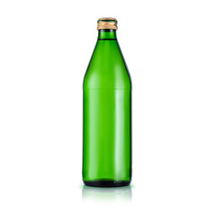 Glass green bottle with purified water. Mineral water bottle mockup. Bottle isolated on white background