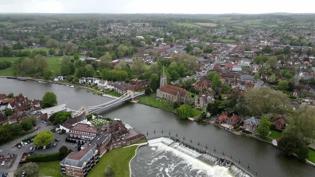 Marlow town Buckinghamshire on River Thames UK aerial high point of view footage 4K