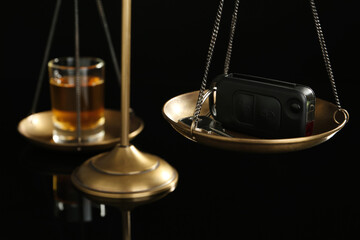 Scales of justice with car key and alcohol on black background, closeup. Drunk driving