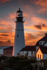 Portland Head Lighthouse at Fort Williams, Maine at sunrise over the Atlantic