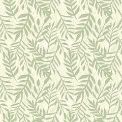 monochrome seamless pattern with dusty green hand drawn leaves. vector background.