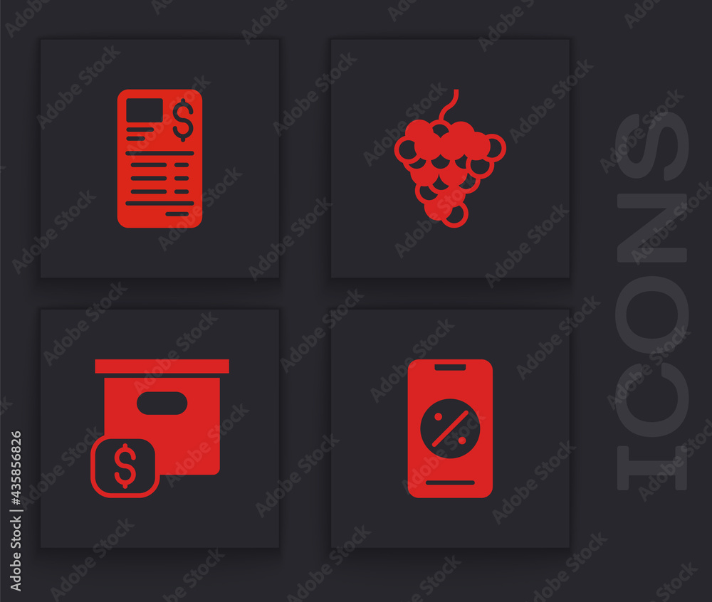 Sticker Set Percent discount and mobile, Paper or financial check, Grape fruit and Carton cardboard box with price icon. Vector