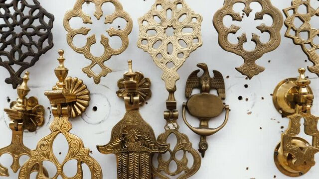 Authentic decorative handmade Moroccan copper brass door handles and key holders.