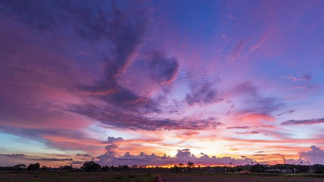 4K Time lapse of Twilight blue bright and orange yellow dramatic sunset sky and Clouds moving away rolling in countryside or beach colorful cloudscape texture clouds air background.