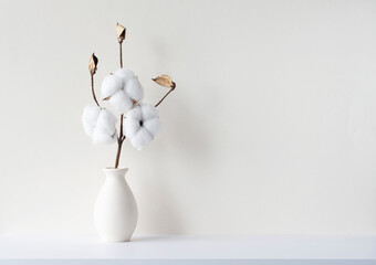 Minimal composition with branch of dried cotton flower in vasa in empty room with beige walls, mockup, space for text