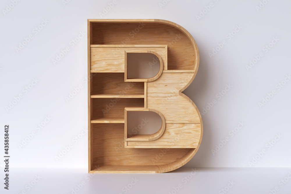 Poster wooden shelf in the shape of letter “b” in an empty interior with copy space. high definition 3d ren