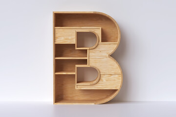 Wooden shelf in the shape of letter “B” in an empty interior with copy space. High definition 3D rendering.